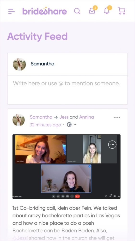 Pantalla de actividad muestra 3 co-brides en videollamada
