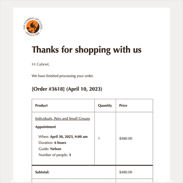 Notificacion de reservación exitosa en The Climbing Life Guides