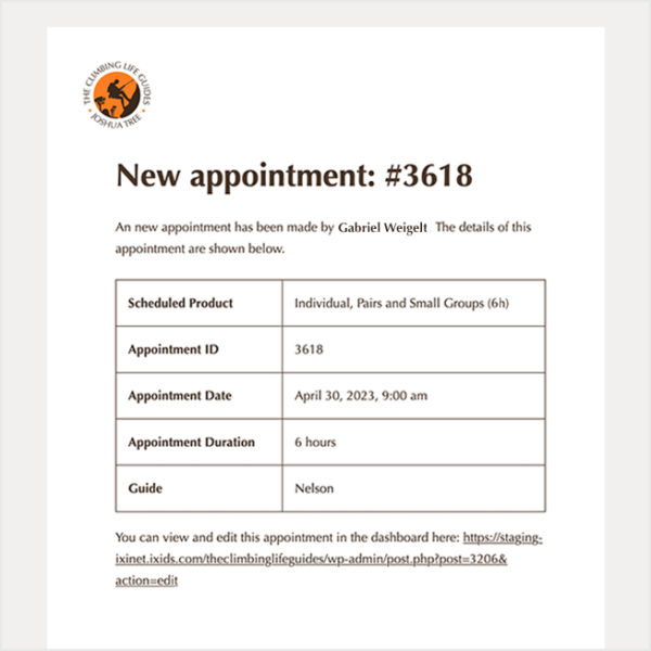 Notificación por correo electrónico al staff de guía assignado a la reservacion