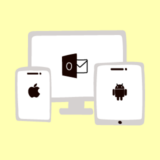 Dispositivo móvil Apple con iOS, dispositivo móvil Android y pantalla de escritorio con Outlook