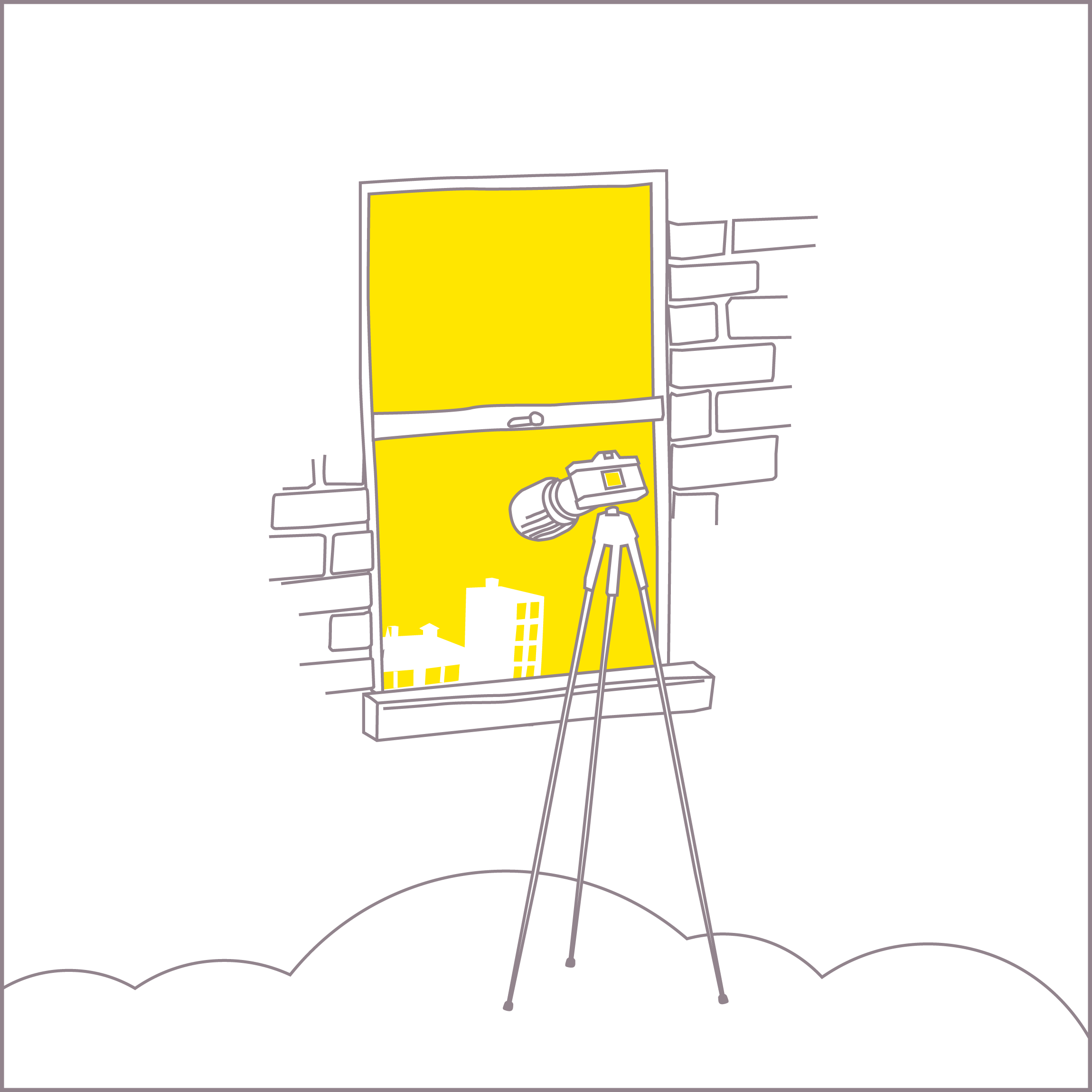 Ilustración de una cámara y trípode frente a una ventana amarilla, enfocando un paisaje urbano exterior.