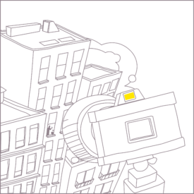 Ilustración de una cámara apuntando a una ventana entre edificios, mostrando la silueta de un posible asesino en el interior.