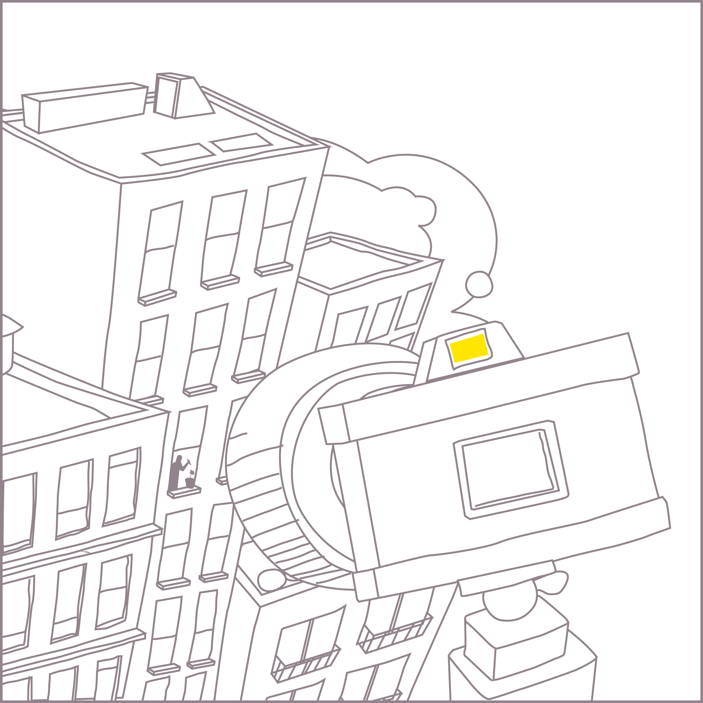 Ilustración de una cámara apuntando a una ventana entre edificios, mostrando la silueta de un posible asesino en el interior.