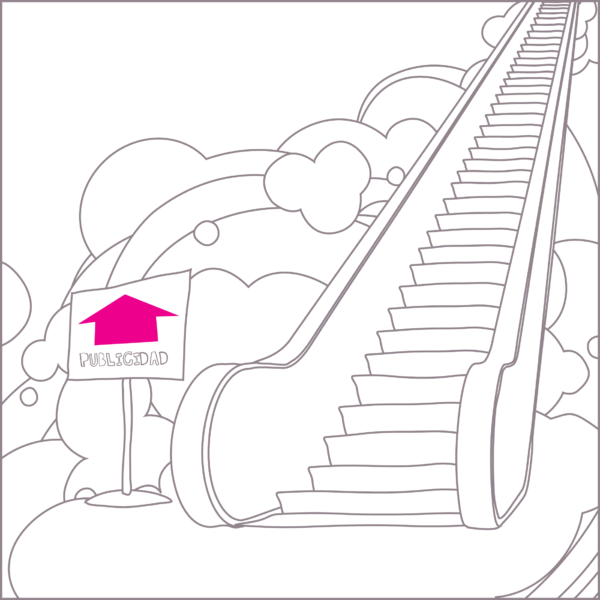 Ilustración de una escalera electríca flotando entre nubes con un letrero que dice Publicidad