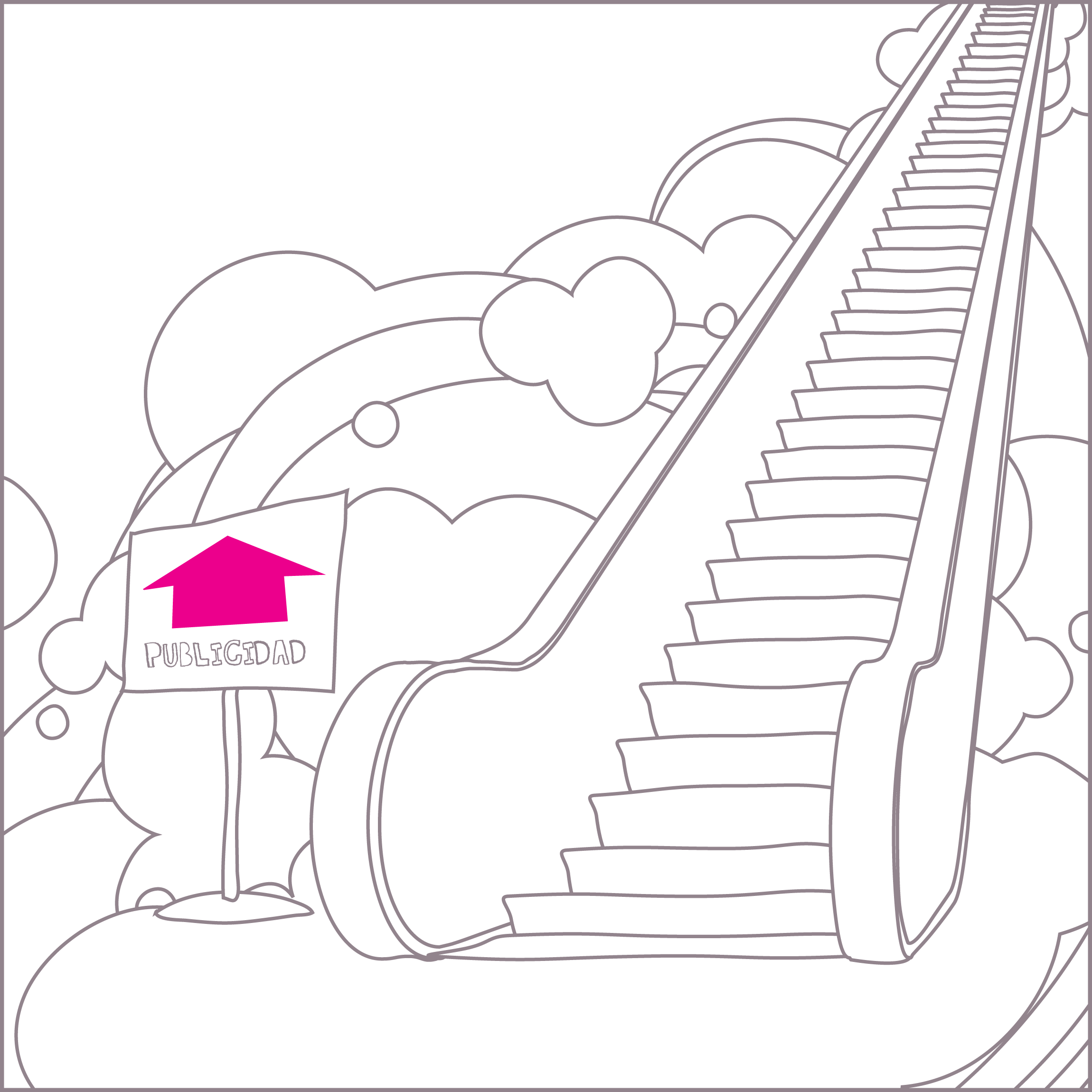 Ilustración de una escalera electríca flotando entre nubes con un letrero que dice Publicidad
