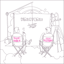 Dibujo de dos directores sentados en sillas, con una cámara cinematográfica y un fondo de estudio de producción de cine