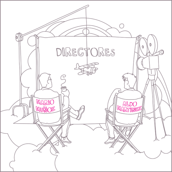 Dibujo de dos directores sentados en sillas, con una cámara cinematográfica y un fondo de estudio de producción de cine