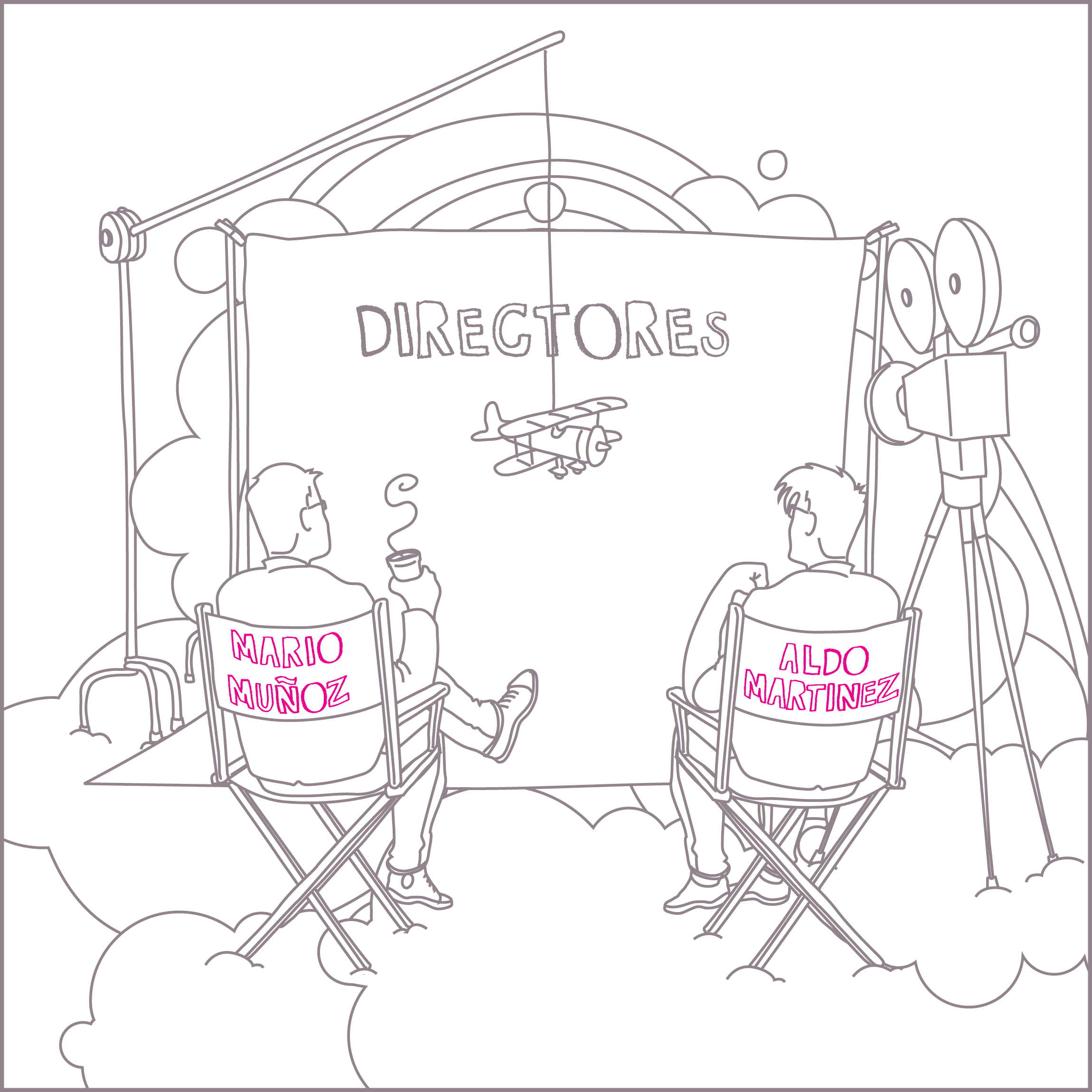 Dibujo de dos directores sentados en sillas, con una cámara cinematográfica y un fondo de estudio de producción de cine