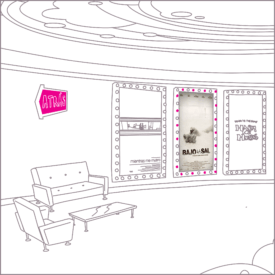 Dibujo de un vestíbulo de cine de los años 60 con un sofá, una mesa y tres carteles de películas en las paredes.  