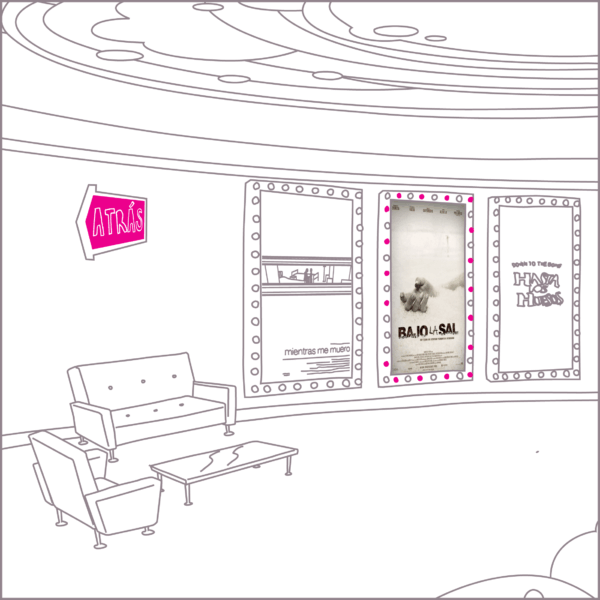 Dibujo de un vestíbulo de cine de los años 60 con un sofá, una mesa y tres carteles de películas en las paredes.