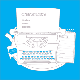 Ilustración de una máquina de escribir en una mesa con una hoja que dice "Contáctanos" y una agenda al lado.  