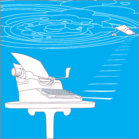 Ilustración de una máquina de escribir sobre una mesa, con una puerta de entrada y escaleras en el fondo.